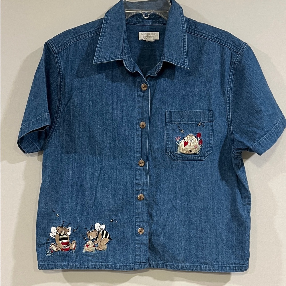 Christopher & Banks - Blue Denim Shirt, Embroidered Bee/Bear‎ Characters
